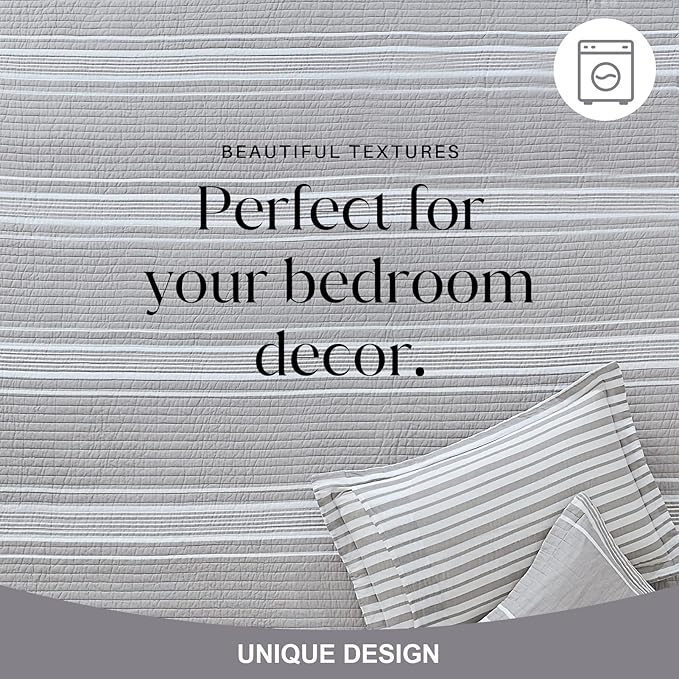 Y-PLWOMEN Quilt King Size - 100% Cotton King Quilt, Grey Striped Quilt for King Bed, Lightweight Reversible King Size Bedspread for All Season, 3-Piece