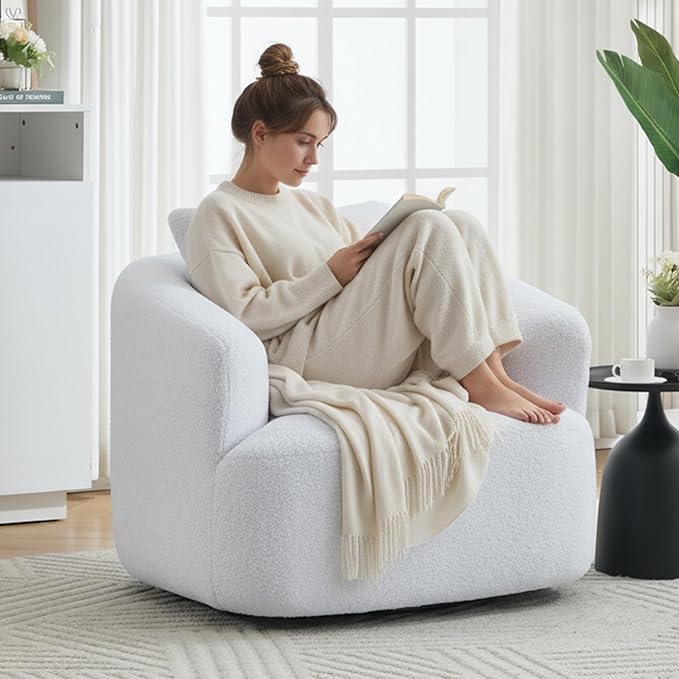 Swivel Accent Chair,360° Rotating Barrel Chair,Teddy Fleece High-Resilience Sponge Single Sofa, Easy Assembly for Living Room, Bedroom, Apartment White