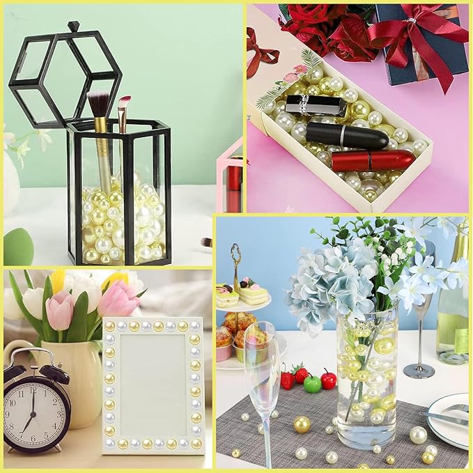 200 PCS Light Yellow Vase Fillers, Pearls Bead for Centerpieces Vases, 10/14/20 MM No Hole Beads, Fake Pearls for Wedding Birthday Easter Theme Party Table Centerpieces Decor