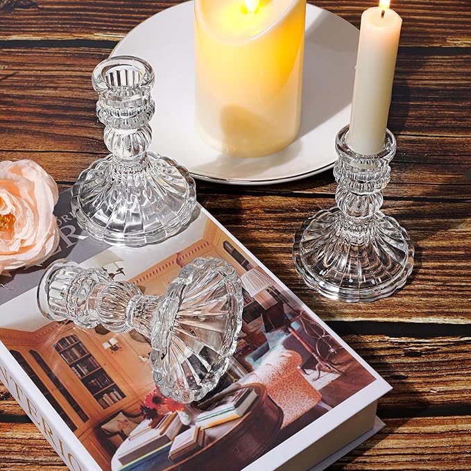10 Pcs 4" Tall Glass Candlestick Holders Bulk Clear Glass Taper Candle Holder Set Crystal Candle Holders for Table Centerpiece, Candlesticks Holder Decor for Wedding, Thanksgiving, Valentine's Day