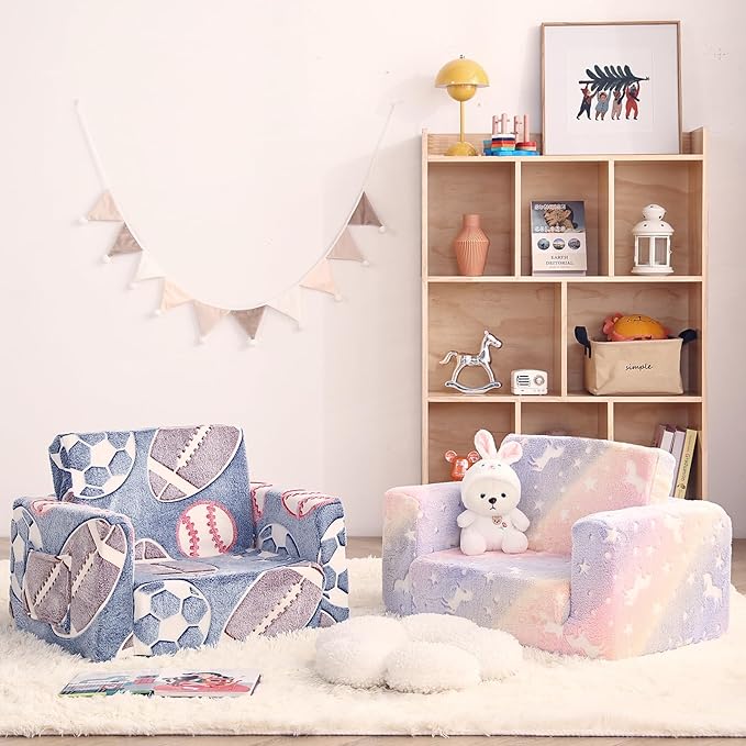 Toddler Chair Kids Couch, 2-in-1 Toddler Soft Sherpa Couch Fold Out Armchair with Removable Cover, Convertible Reading Chair Toddler Sofa for Kids, Glow in The Dark Purple Horse