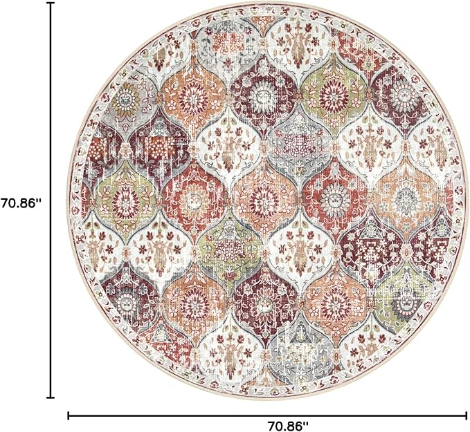 Lahome Moroccan Trellis Washable Round Area Rug, Soft Round Rugs 6ft Ultra-Thin Non-Slip, Vintage Large Circle Carpet for Bedroom Living Room Kitchen Nursery, Orange/Terracotta