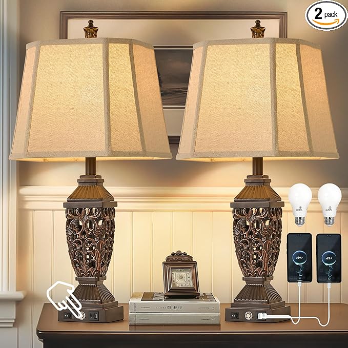 AIDENOEY 27.5“ Farmhouses Table Lamp with USB & USB-C Charging Ports, 3-Color Dimmable & Stepless Bottom Dimming, Touch Control & Switch, Vintage Bedside Lamp for Bedroom Living Room Office,(Brown)