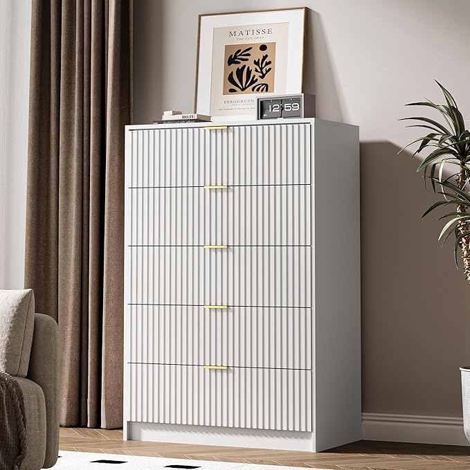 5 Drawer Dresser for Bedroom, Tall Dresser Chest of Drawers with Gold Handles, 32 Inch Wide Nightstand with for Bedroom, Living Rooms, Offices, and Entryways, White