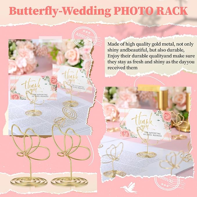 48 Pcs Gold Butterfly Photo Holders Table Number Photo Clips Holder Butterfly Decoration Name Place Card Stand for Centerpieces Wedding Reception, Party, Birthday