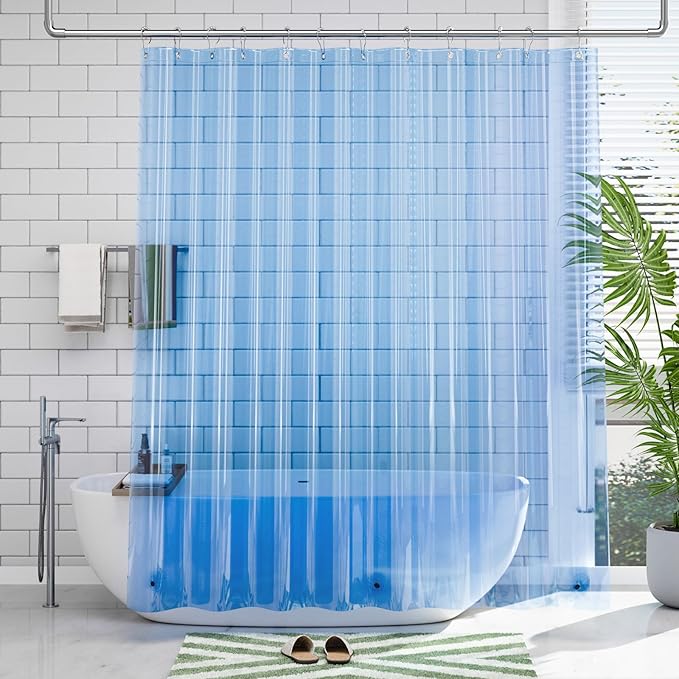 AmazerBath Shower Curtain Liner, 72x72 Transparent Blue Shower Liner, Lightweight Plastic Shower Curtain Liners, Cute Waterproof Shower Liner for Bathroom with 3 Magnets and 12 Grommet Holes