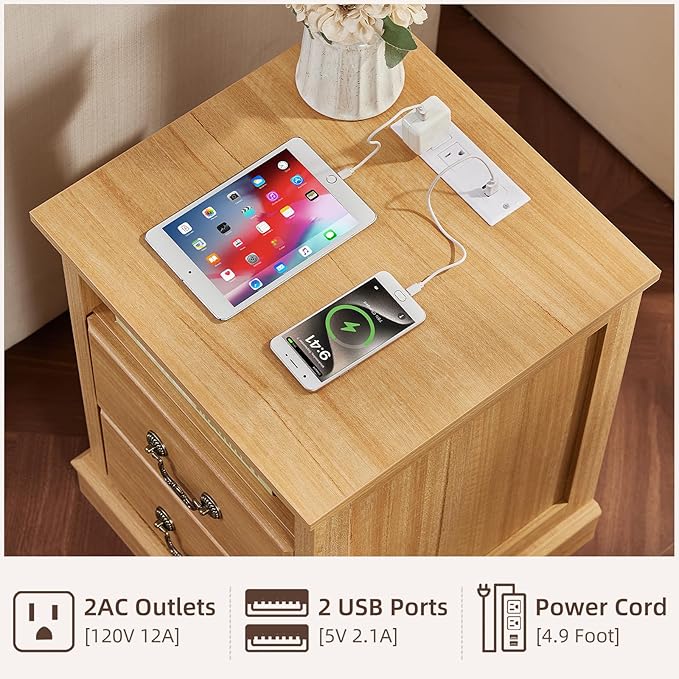 Farmhouse Nightstands with Charging Station，18" End Table with 2 Drawers，Farmhouse Nightstand with Vintage Handles, Bedside Cabinet for Bedroom for Bedroom, Living Room,Natural