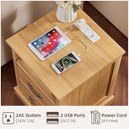 Farmhouse Nightstands with Charging Station，18" End Table with 2 Drawers，Farmhouse Nightstand with Vintage Handles, Bedside Cabinet for Bedroom for Bedroom, Living Room,Natural