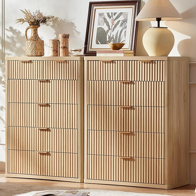 LEYAOYAO Fluted 6 Drawers Dresser for Bedroom Set of 2, 42" Tall Modern Chest of Drawers with Metal Handle, Curved Profile Design,Natural Wood Drawer Organizer for Bedroom, Living Room, Hallway