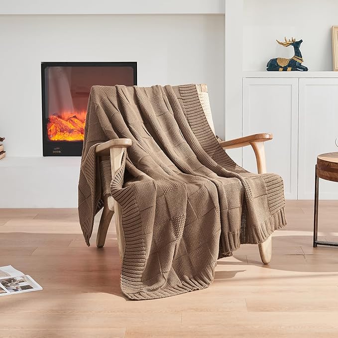 CozeCube Check Knit Throw Blanket, Light Brown Checkered Throw for Couch, Decorative Christmas Soft Cozy Warm Knitted Blanket for Bed Sofa Living Room, 50"X60"