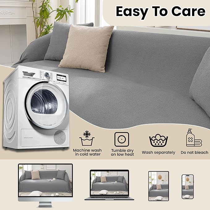 Couch Cover with Tassel for 3 Cushion Couch Washable Stain-Resistant, Pet-Friendly Sofa Cover for L Shaped, Thick Soft Chenille Protector Sofa Slipcover for Dogs & Kids, Grey 71"x 118"