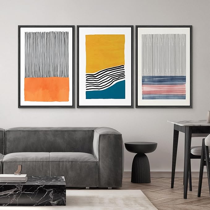 SIGNWIN Framed Wall Art Print Set Orange, Yellow, Blue & Pink Color Blocks and Lines Abstract Shapes Illustrations Modern Art Chic Multicolor for Living Room, Bedroom, Office - 16"x24"x3 Black