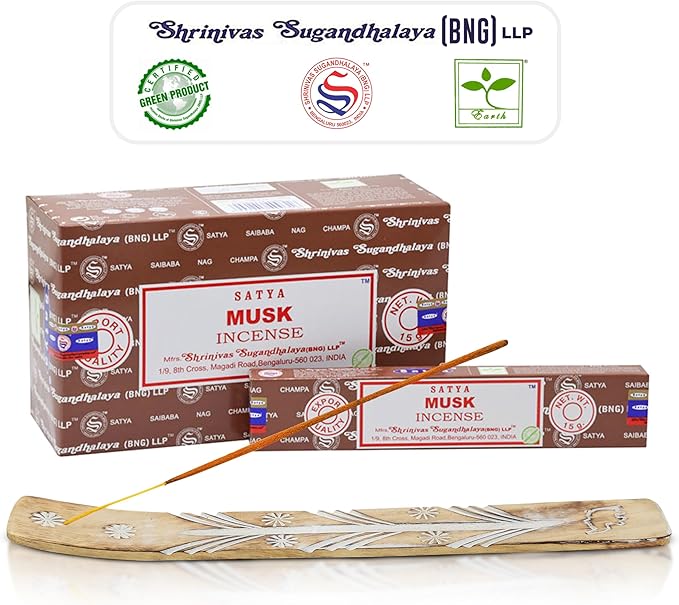 Satya Musk Incense Sticks, Satya Bng Insenses 15gmx12 Pack with Raajsee Incense Holder Bundle, Satya Nagchampa Natural Incense
