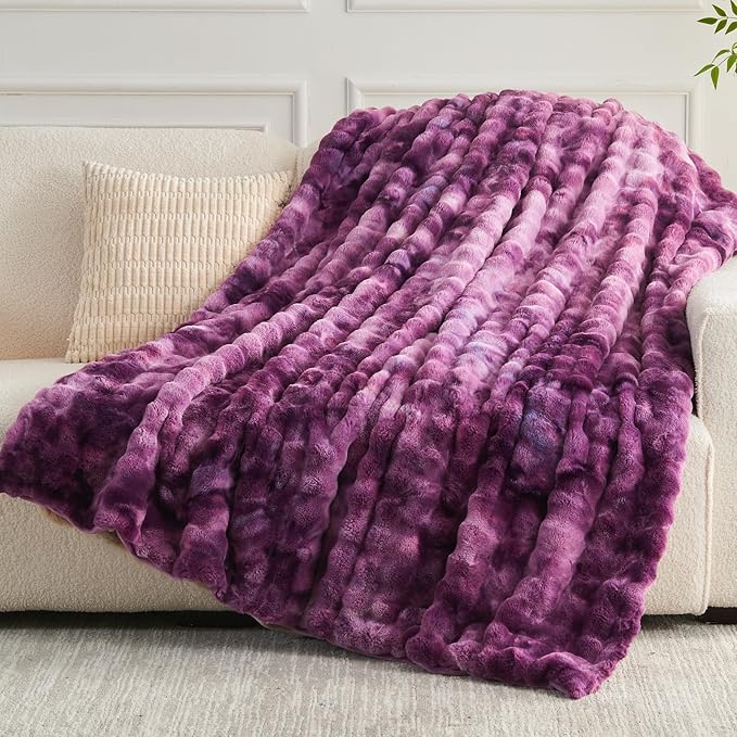 NEWCOSPLAY Faux Fur Throw Blanket Tie-dye Violet Purple Luxury Fluffy Thick Warm Bubble Blanket for Couch Sofa Bed 700GSM (Tie-dye Violet Purple, Throw(50"x60"))