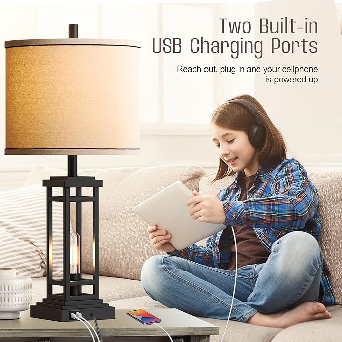 ROTTOGOON 27.5 Tall Farmhouse Table Lamps with USB C + USB A Charge Ports, Rustic Living Room Lamps Set of 2, Black Industrial End Table Lamp for Bedroom Living Room Nightstand (Black)