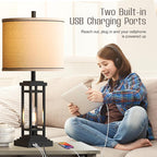 ROTTOGOON 27.5 Tall Farmhouse Table Lamps with USB C + USB A Charge Ports, Rustic Living Room Lamps Set of 2, Black Industrial End Table Lamp for Bedroom Living Room Nightstand (Black)