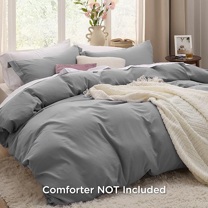 Bedsure Grey Duvet Cover Full Size - 3 Pieces Prewashed Extra Soft Cotton-Like Bedding Set, Includes 1 Duvet Cover 80x90 Inches with Zipper Closure & 2 Pillow Shams, Comforter Not Included