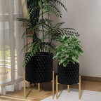 ARNIS Plants Pots with Stand, Set of 2 Planters, Unique Mid Century Decorative Metal Flower Pots with Drainage, 8.25 & 10.5 Inch, Black