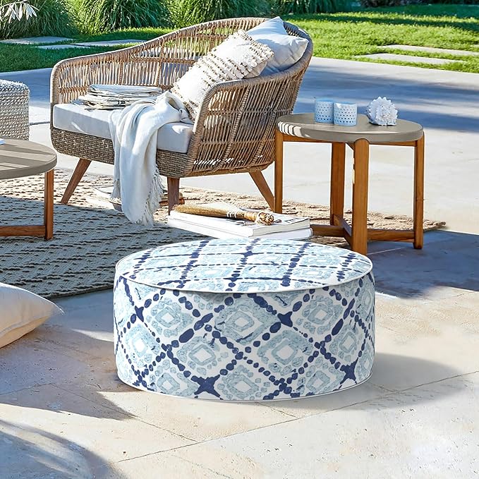 LVTXIII Inflatable Stool Ottoman Footrest with Handle, Decorative Fade-Resistant Foot Stool, Indoor or Outdoor Pouf for Home Garden and Camping Use, 21x21x9, Boho Geometry Blue