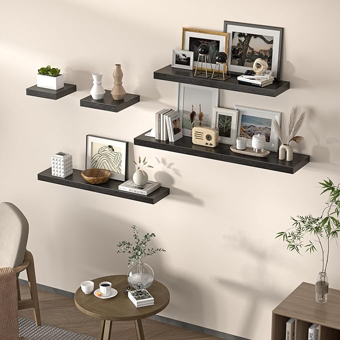 Floating Shelves for Wall, 72"W x 9.3"D x 1.5"H, Long Wooden Wall Mounted Display Shelves with Invisible Brackets for Living Room, Bedroom, Bathroom, Kitchen Decor and Storage, Set of 1, Black
