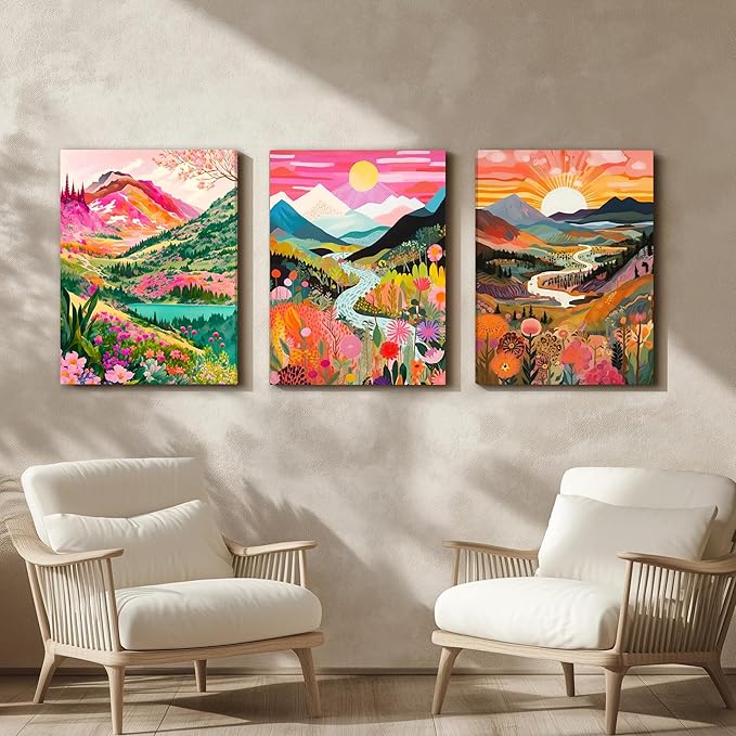DUWQU 3 piece Colorful Watercolor Mountain Canvas Wall Art Boho Floral Painting Picture Wall Decor Abstract Nature Landscape Poster Print Artwork for Living Room Bedroom Bathroom Office 12x16 Inches