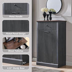 Modern Tilt-Out Trash Can Cabinet, 10 Gallon Fluted Laundry Hamper Cabinet with Drawers, Wooden Hidden Garbage Can Cabinets with Storage Basket, Free Standing for Kitchen and Living Room, Grey