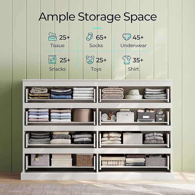 LINSY HOME 8 Drawer Dresser for Bedroom, 53" Wide Chest of Deep Drawers, Modern Farmhouse Wood Dressers with Storage, Large Drawer Organizer for Bedroom, Living Room, Handless Design, White