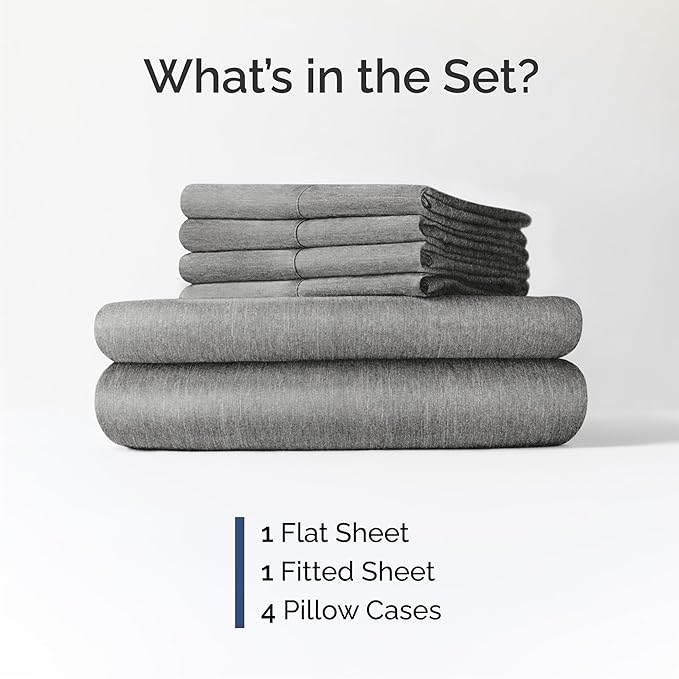 Cal King Sheets Set 6 Piece - Includes 4 Pillowcases - Bed Sheets Cal King Size - Soft Hotel Luxury Bedding - Cooling & Breathable - 1 Flat & 1 Fitted & 4 Pillowcases w/ Deep Pockets - Heathered Grey