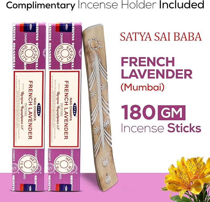 Satya French Lavender Incense Sticks 180 gm (15GM X 12 Pack) from Satya Sai Baba Nag Champa and Raajsee Incense Sticks Holder Bundle, Free from Chemicals,Natural Insenses