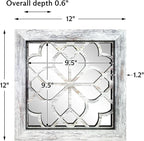 4pcs Farmhouse Wall Mirror with Carved Floral Design -Rustic Mirror Decor for Home, 12x12 inch(Grey)