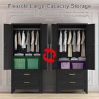 71'' Farmhouse Metal Wardrobe Cabinet with Hanging Rod, 2 Barn Door Wardrobe Closet with Adjustable Shelves,2 Drawer,for Dining Room,Bedroom,Living Room, Cloak Room,Office (Black)