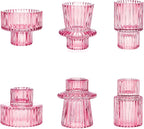 Candlestick Holders Set of 6, Ribbed Glass Taper Candle Holders, Reversible Pink Tealight & Candle Stick Candle Holder Vintage Crystal Tapered Candlestick for Wedding Dinner Party Festival