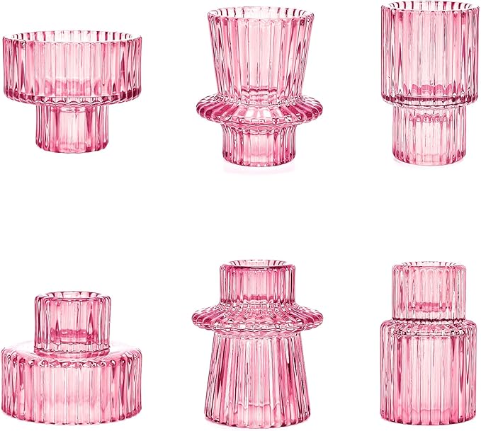 Candlestick Holders Set of 6, Ribbed Glass Taper Candle Holders, Reversible Pink Tealight & Candle Stick Candle Holder Vintage Crystal Tapered Candlestick for Wedding Dinner Party Festival