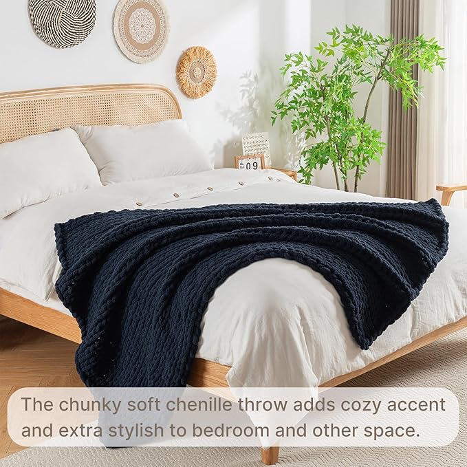 Chunky Knit Blanket Throw, 100% Hand Knit Throw Blanket Handmade Chenille Cable Knit Throw for Couch, Stylish Cozy Soft Rope Knot Crochet Blanket for Home Decor, Navy Blue, 50x60 Inches