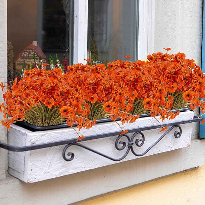 20 Bundles Artificial Fall Flowers Outdoor UV Resistant Fake Flowers No Fade Faux Plastic Plants Garden Porch Window Box Decorating (Fall Brown