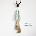 CVHOMEDECO. Wood Beads Garland with Tassels Farmhouse Rustic Wooden Prayer Bead String Wall Hanging Accent for Home Festival Decor. Teal Mix Distressed