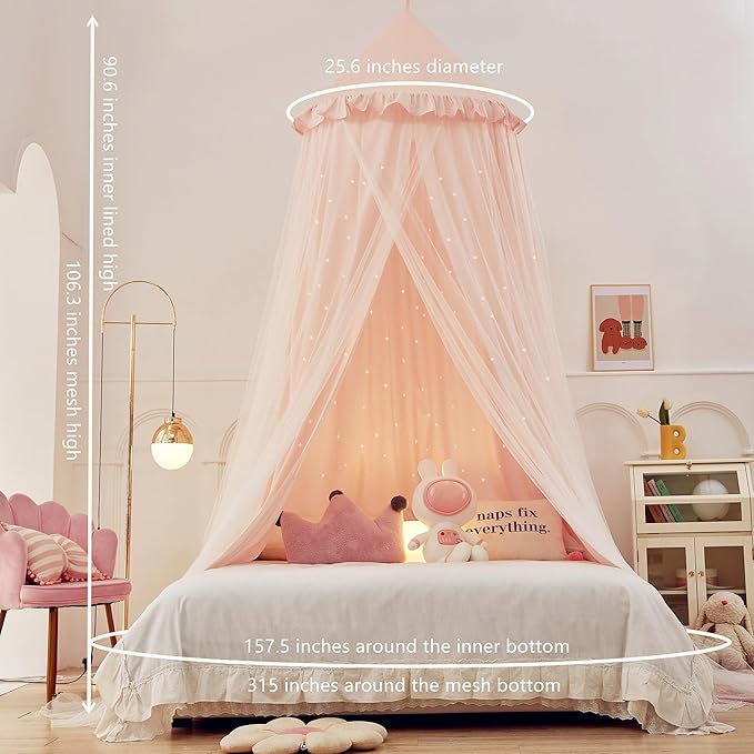 Eimilaly Princess Bed Canopy for Girls, Double Layer Canopy with Cutout Stars, Breathable Dream Canopy & Washable Pink Fabric, Fits Twin/Full Bed - Fairy Bed Tent for Kids Room Decor, Pink