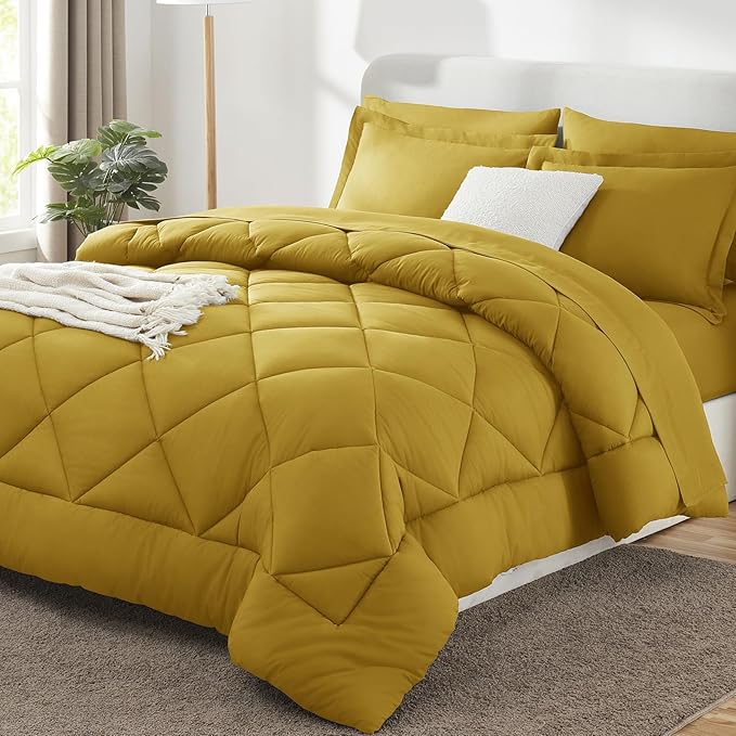 CozyLux Queen Comforter Set Mustard Yellow - Bed in a Bag Queen Size 7 Pieces, Luxury Soft Bed Set for All Seasons, Bedding Set with Down Alternative Comforter, Sheets, Pillowcases & Shams