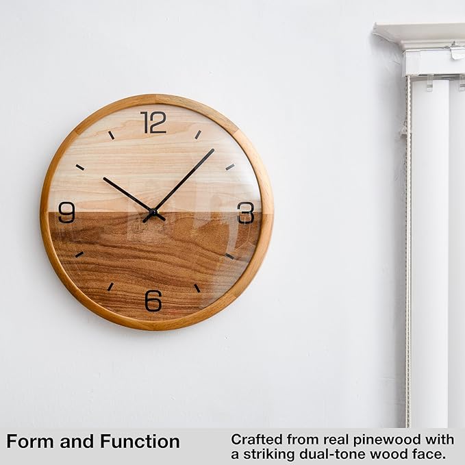 Driini Analog Dome Glass Wall Clock (12") - Pine Wood Frame with Two-Tone Wooden Face - Battery Operated with Silent Movement - Large Decorative Clocks for Classroom, Office, Living Room, or Bedrooms.