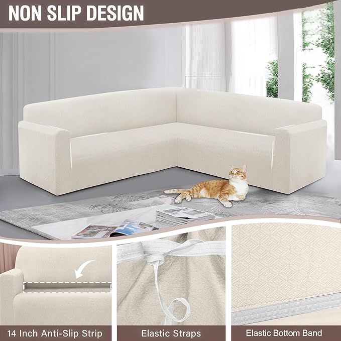 HDCAXKJ Sectional Couch Cover L Shape Stretch Sofa Covers Washable Jacquard Corner Couch Slipcover Non Slip Sectional Slip Cover U Shaped Furniture Protector for Pets Dogs (White, Medium)