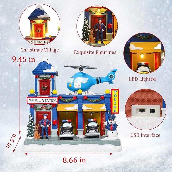 VCUTEKA Animated Christmas Village Houses, Lighted Musical Police Station Scene with Helicopter, Patrol Car, Dog, Victorian Xmas Village Collectible Building for Holiday Home Table Display Décor