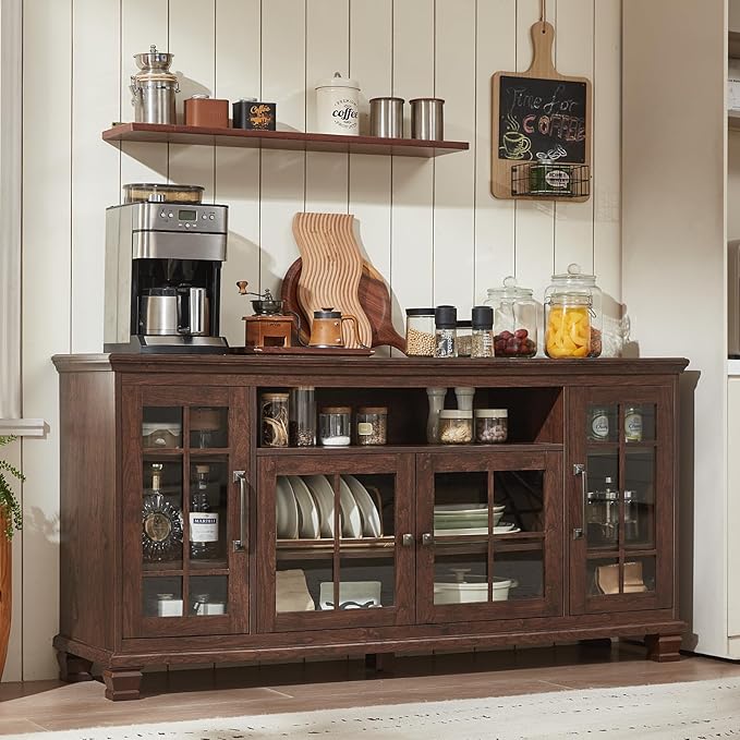 Large Sideboard Buffet Cabinet with Storage, Vintage Walnut Farmhouse 60" Wide Credenza Accent Cabinets with Glass Doors & Wood Legs, Kitchen Coffee Bar Table for Dining Room, Living Room