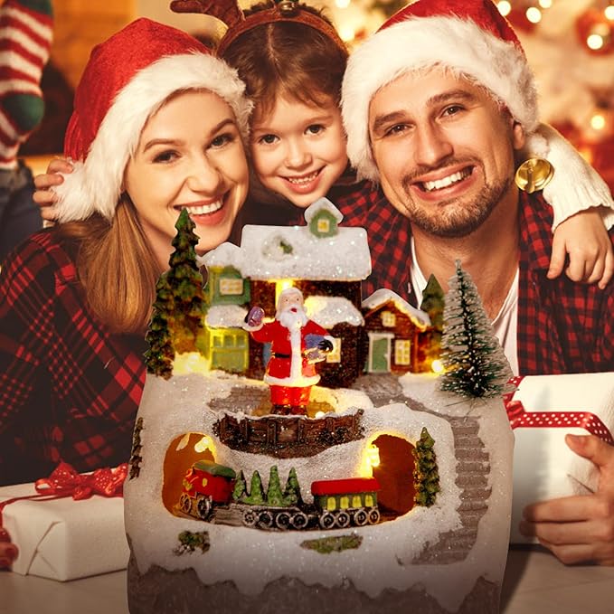 Christmas Decorations Village House Resin Collectible Building Figurines Revolving Train Musical Snow Globe 8 Music for Vintage Christmas Decor (Santa)