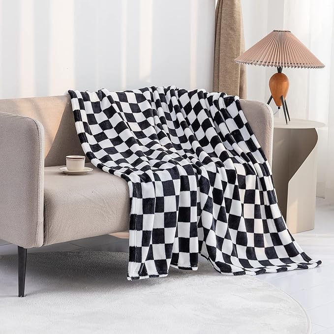 LOMAO Throw Blankets Flannel Blanket with Checkerboard Grid Pattern Soft Throw Blanket for Couch, Bed, Sofa Luxurious Warm and Cozy for All Seasons (Black, 60"x80")