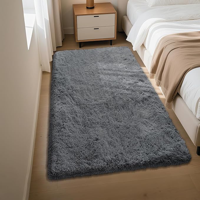 Fluffy Rug Shaggy Area Rug, Dark Grey 3x5 Area Rugs for Bedroom, Small Bedside Rug, Soft Fluffy Shaggy Entryway Throw Rugs for Living Room Bedroom Kids Room Home Decor