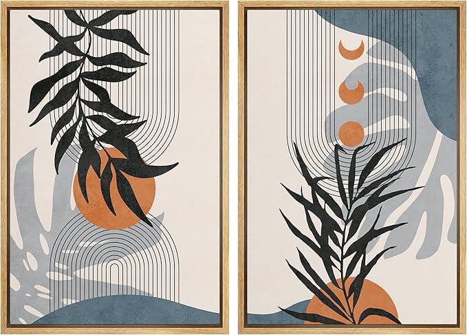 SIGNFORD Framed Canvas Print Wall Art Forest Plant Silhouettes & Mid-Century Symbols Abstract Shapes Illustrations Modern Boho Nature Chic for Living Room, Bedroom, Office - 16"x24"x2 Natural