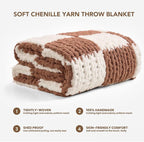 L'AGRATY Chunky Knit Blanket Throw: 60''x80'' Chenille Chunky Knitted Throw Blankets for Twin Bed Couch - Handmade Thick Cable Knit Blanket - Large Crochet Blankets for Home Decor(Brown Checkered)