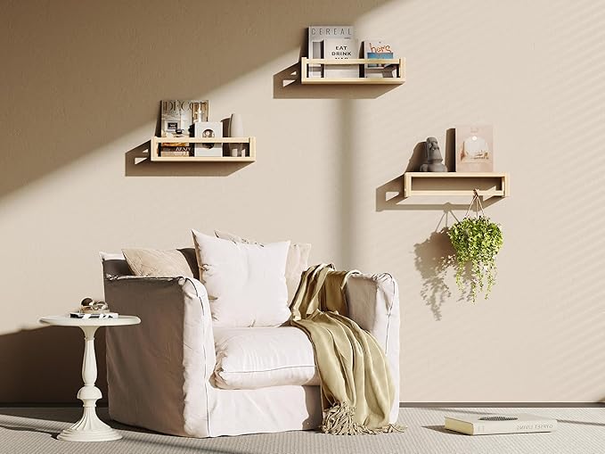 Upgraded Thick Floating Shelves - Multi-Use Wall-Mounted Bookshelves for Kids and Nursery, Ideal for Books, Toys, Spice Rack, Decor - NaturalWood