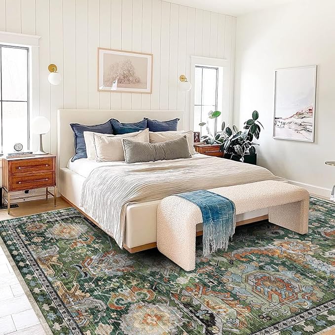 RUGSURE Washable Area Rugs - Perfect for Living Room, Bedroom, Kids Room, Nursery - Stain & Water Resistant Non-Slip, Pet & Child Friendly, Vintage Tribal Area Rugs (Green, 9' x 12')