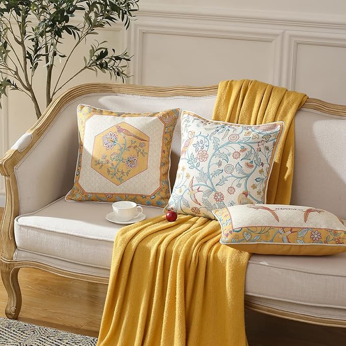 patdrea Design Yellow Linen Throw Pillow Covers Pack of 4, French Square Lumbar Round Pillowcase, Soft Durable Cushion Cases Pillowcase for Couch Bedroom Car Living Room 4 PCS